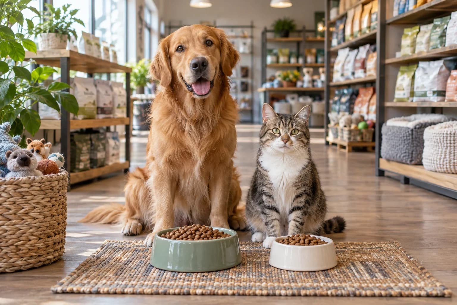 Chien et chat dans un magasin d’alimentation animale.